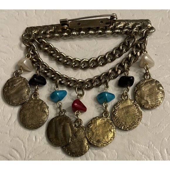 Vtg Victorian Revival Brooch Bar Pin Dangles Chains 3” Discs Faux Gemstone Gold - Picture 2 of 2